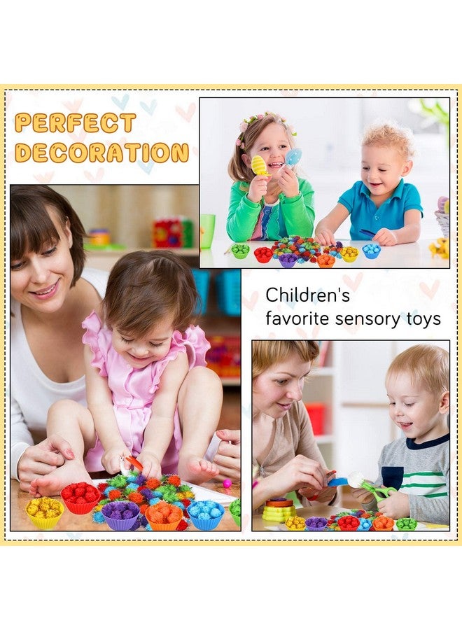 142 Pcs Fine Motor Toys Counting Sorting Sensory Bin Filler 120 Glitter Pom Pom 8 Tweezers 2 Scissors Clips 12 Cups For Kids Early Education And Sorting Counting Training Development