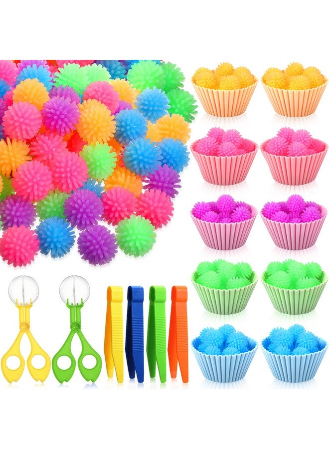 91 Pcs Fine Motor Skill Toys Include 75 Spiky Hedge Balls 2 Scissors Clips 4 Plastic Tweezers 10 Assorted Colors Sorting Silicone Cups For Early Education Counting Skill Training