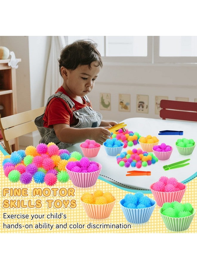 91 Pcs Fine Motor Skill Toys Include 75 Spiky Hedge Balls 2 Scissors Clips 4 Plastic Tweezers 10 Assorted Colors Sorting Silicone Cups For Early Education Counting Skill Training