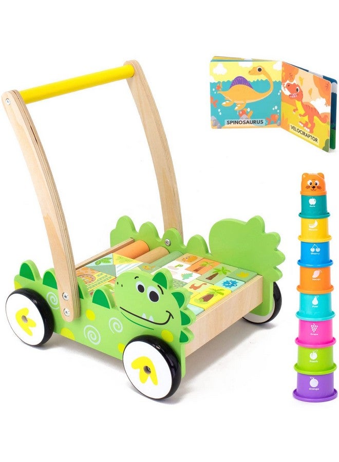 Wooden Baby Walker 1 Year Old Girl Boy Birthday Gift Bundle Includes Dinosaur Cart 36 Pcs Building Blocks Stacking Cups And A Book Push Walker Toy For Babies And Toddlers