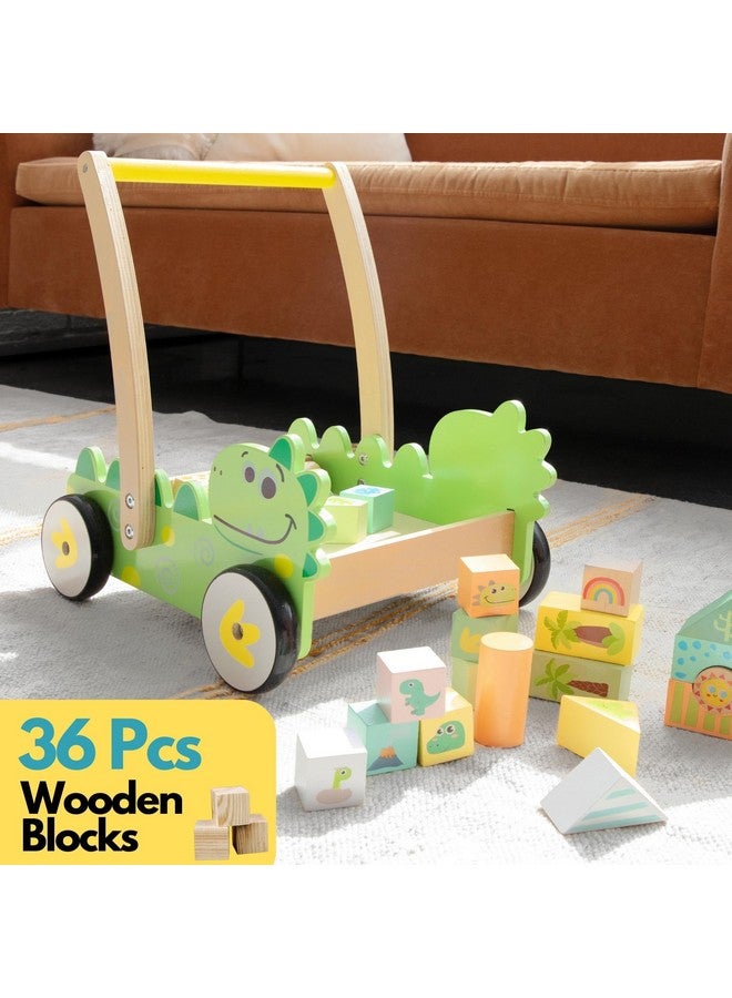 Wooden Baby Walker 1 Year Old Girl Boy Birthday Gift Bundle Includes Dinosaur Cart 36 Pcs Building Blocks Stacking Cups And A Book Push Walker Toy For Babies And Toddlers