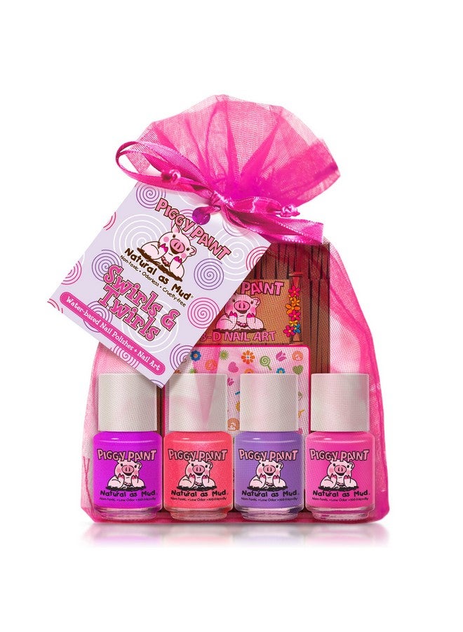100% Nontoxic Girls Nail Polish Safe Crueltyfree Vegan & Low Odor For Kids Swirls & Twirls (4 Polish + Nail Art Gift Set)