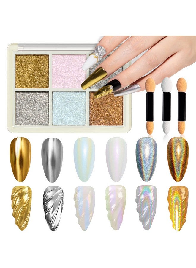 Pearl Chrome Nail Powder For Nails Iridescent Mermaid Glitter Powder Holographic Solid Pigment Aurora Gold Silver Mirror Powder Nail Art(6 In 1)