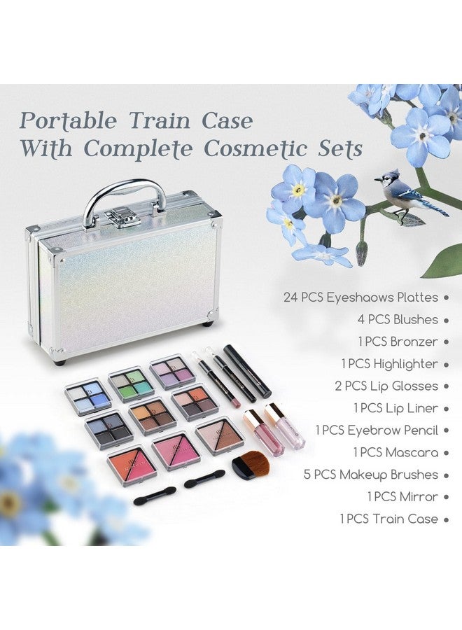 Beginner Makeup Kits For Teens With Train Case Included Full Makeup Kit Eyeshadow Palette Blushes Bronzer Highlighter Lipstick Brushes Mirror (Silver)