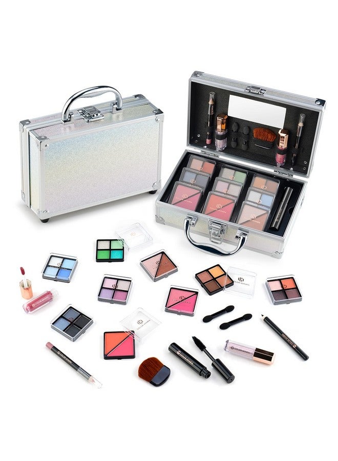 Beginner Makeup Kits For Teens With Train Case Included Full Makeup Kit Eyeshadow Palette Blushes Bronzer Highlighter Lipstick Brushes Mirror (Silver)