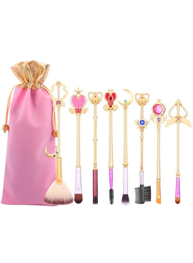 Kawaii Sailormoon Makeup Brushes 8Pcs Anime Magic Wand Makeup Brush Set With Pink Pouch Professional Foundation Powder Flat Eyeline Blush Brushes Kit For Girl Women Fans