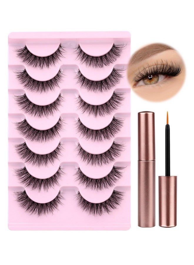 Natural Wispy Fluffy Lashes With Glue Cat Eyes Mink Lashes Clear Band Eyelashes With Glue Kit Russian Strip Lashes Natural Look False Eyelashes Extension Strip Lashes D Curly 7 Pairs Pack