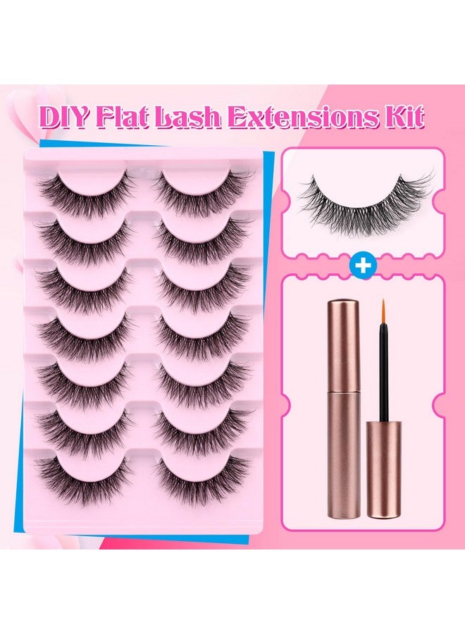 Natural Wispy Fluffy Lashes With Glue Cat Eyes Mink Lashes Clear Band Eyelashes With Glue Kit Russian Strip Lashes Natural Look False Eyelashes Extension Strip Lashes D Curly 7 Pairs Pack