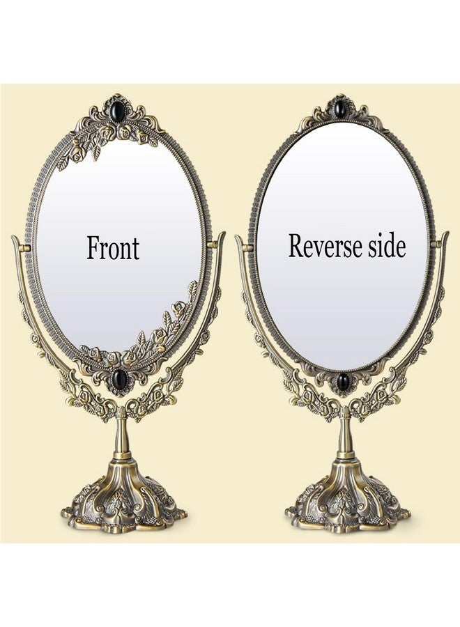 15 Inch Metal Vintage Makeup Mirror Tabletop Oval Cosmetic Mirror Vintage Swivel Double Sided Cosmetic Mirror With Embossed Frame Stand Base Retro Mirror For Dresser Giftered Bronze