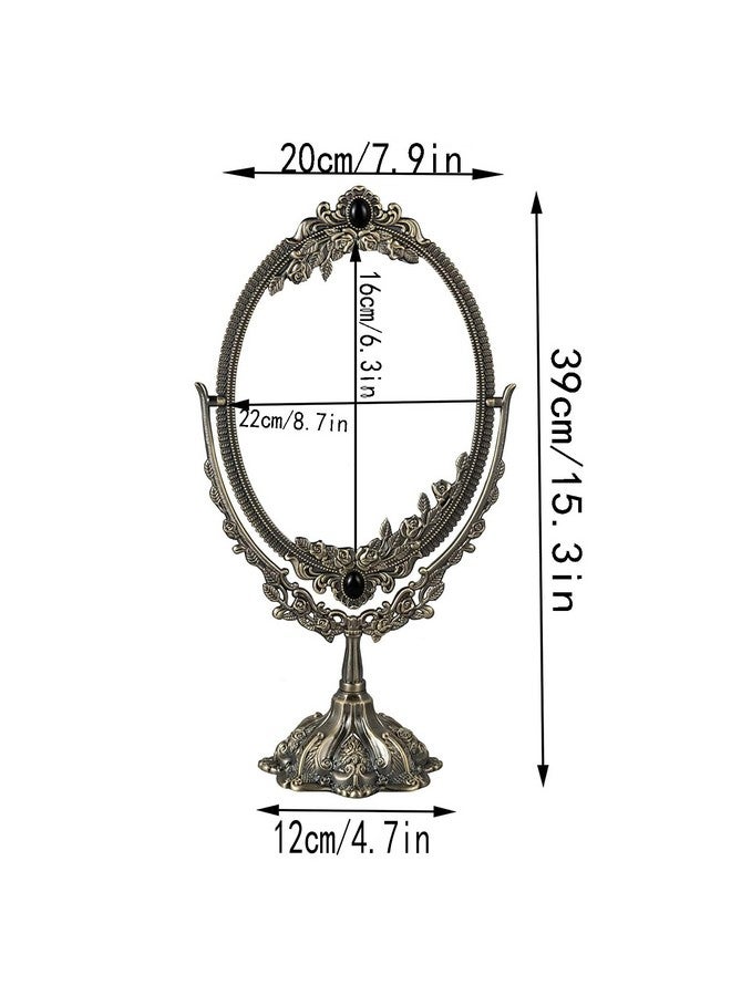 15 Inch Metal Vintage Makeup Mirror Tabletop Oval Cosmetic Mirror Vintage Swivel Double Sided Cosmetic Mirror With Embossed Frame Stand Base Retro Mirror For Dresser Giftered Bronze