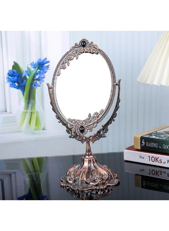 15 Inch Metal Vintage Makeup Mirror Tabletop Oval Cosmetic Mirror Vintage Swivel Double Sided Cosmetic Mirror With Embossed Frame Stand Base Retro Mirror For Dresser Giftered Bronze