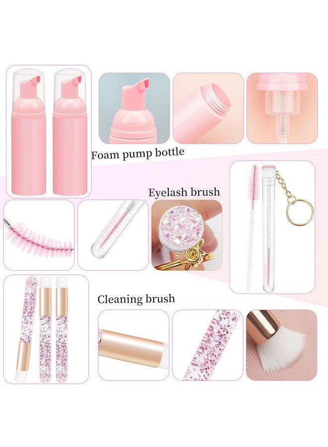 32Pcs Lash Shampoo Clean Brush Kits 10Pcs Crystal Lash Cleansing Brush 10Pcs Disposable Tube Mascara Wands Brush 3Pcs Empty Lash Shampoo Bottles Lash Extensions Aftercare (Pink Kits)