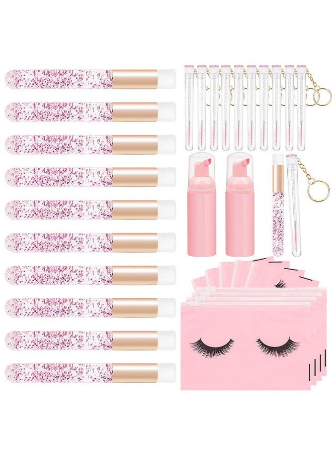 32Pcs Lash Shampoo Clean Brush Kits 10Pcs Crystal Lash Cleansing Brush 10Pcs Disposable Tube Mascara Wands Brush 3Pcs Empty Lash Shampoo Bottles Lash Extensions Aftercare (Pink Kits)