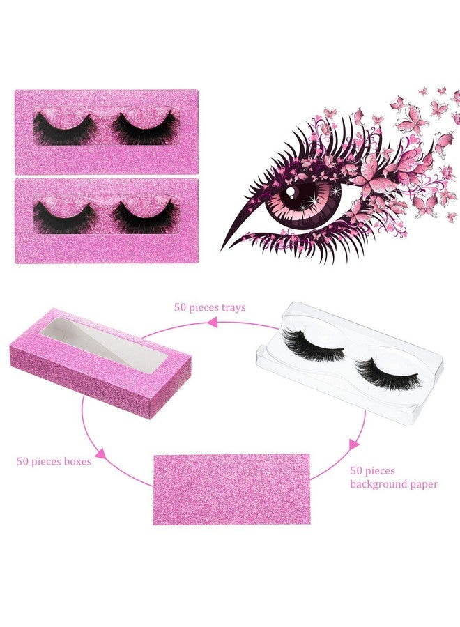 50 Sets Empty Eyelash Case Set Include 50 Empty Eyelash Box Lash Box Packaging Eyelash Storage Box 50 Eyelash Box Tray False Eyelash Storage Box Tray 50 Internal Background Paper (Pink)