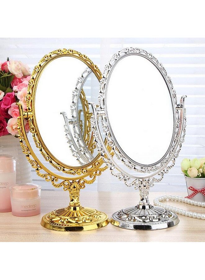 Desktop Antique Vintage European Style Two Sided Swivel Oval Tabletop Vanity Makeup Mirror With Embossed Hollow Flower Shiny Pedestal(Gold)