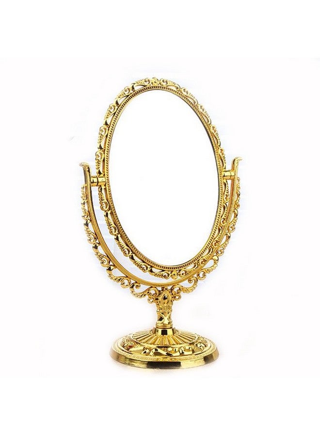 Desktop Antique Vintage European Style Two Sided Swivel Oval Tabletop Vanity Makeup Mirror With Embossed Hollow Flower Shiny Pedestal(Gold)
