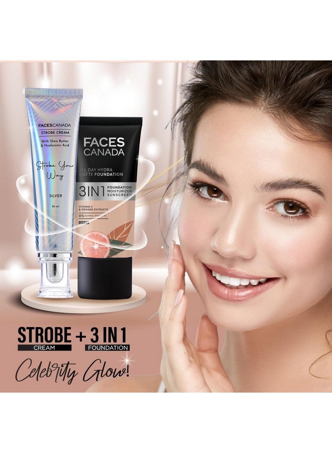 Faces Canada Strobe Cream Silver 30Ml Primer + Highlighter + Moisturizer Shea Butter & Hyaluronic Acid Intense Hydration Flawless Radiant Dewy Skin Illuminating & Glowing Makeup Base