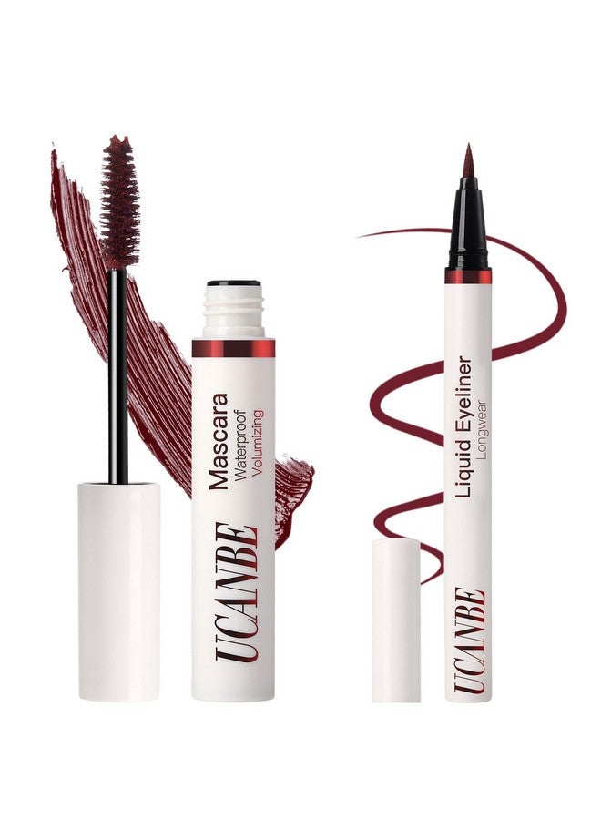 Burgundy Mascara And Liquid Eyeliner Set Waterproof Berry Red Colored Eye Makeup Duo Enhance Your Gaze With Natural Lasting Lift & Curl For Lashes And Pigmented Smudgeproof Eye Liner