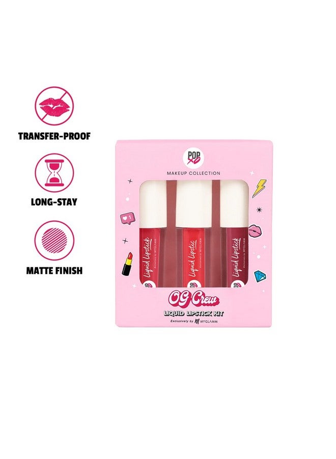 Popxo Makeup Matte Finish Liquid Lipstick Kit Og Crew 1.5G (Set Of 3) Blair Cheryl & Emily (Wine Red Pink Britgh Red) Shade Enriched With Cocoa Butter & Vitamin E