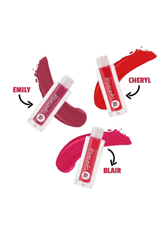 Popxo Makeup Matte Finish Liquid Lipstick Kit Og Crew 1.5G (Set Of 3) Blair Cheryl & Emily (Wine Red Pink Britgh Red) Shade Enriched With Cocoa Butter & Vitamin E