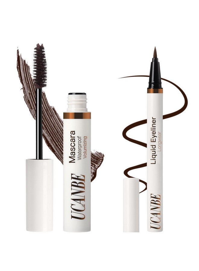 Brown Mascara And Liquid Eyeliner Set Waterproof Colored Eye Makeup Duo Enhance Your Gaze With Natural Lasting Lift & Curl For Lashes And Pigmented Smudgeproof Eye Liner