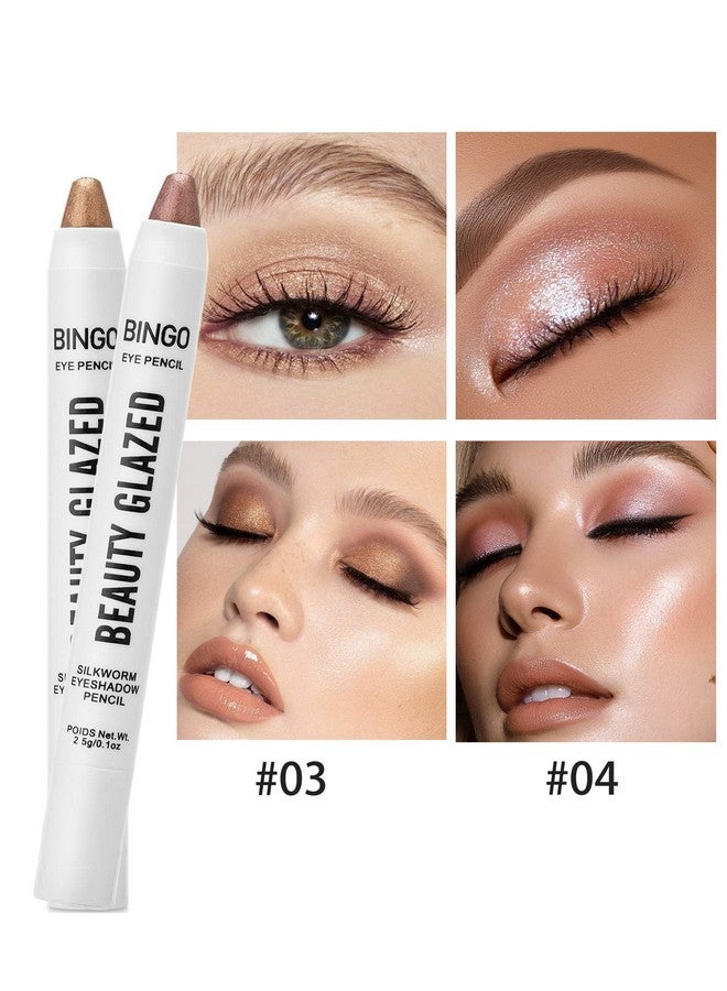 Glitter Cream Eyeshadow Stick 2Pcs Waterproof Long Lasting Champagne Rose Gold Shimmer Metallic Eye Shadow Eye Liner Crayon Automatic Makeup Pencil No Crease Eye Highlighter Brightener Pen 03+04