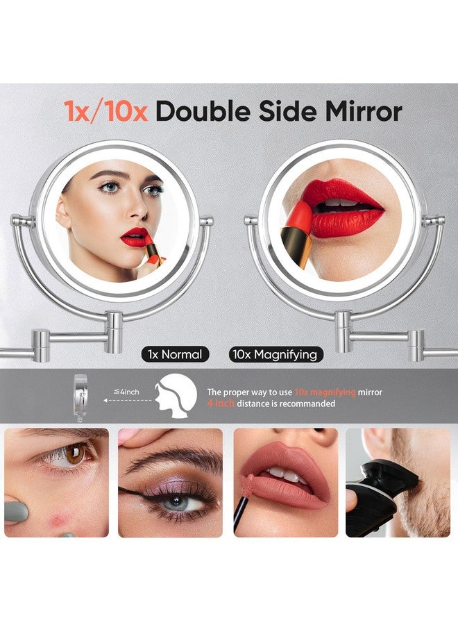 Wall Mounted Hardwired Makeup Mirror With 3 Tones Dimmable Led Lights 10X Magnifying Mirror With Touch Control For Bathroom Bedroom 13 Extendable Arm Direct Wire M1809Dt(10Xchrome)