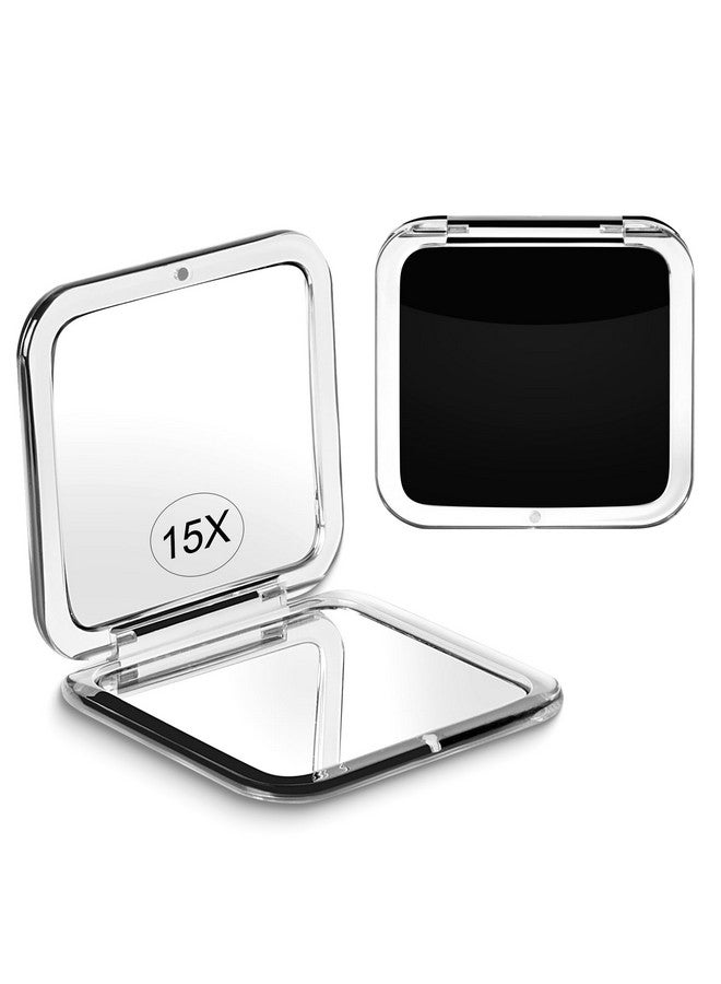 Compact 15X Magnifying Makeup Mirror For Travel Small Pocket Mirrorhandheld Foldable & Portable 2Sided With 15X Magnifying And 1X Mirror For Purses Square 3.3 X 3.3 Inch (Black)