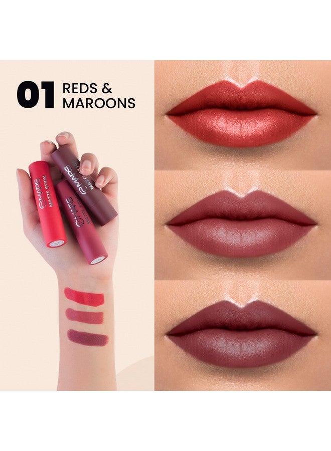 Matte Box Set Of 3 Lipsticks For Women Longlasting Smooth Finish Moisturising One Swipe Pigmentation (3X3.2 Gm) (01Red & Maroon)
