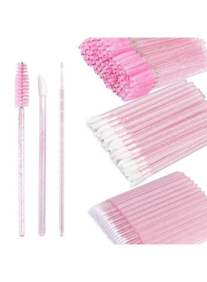 300 Disposable Mascara Brushes And Lip Applicators And Microswabs Kit 100 Pink Lash Spoolies For Eyelash Extensions 100 Lip Brush For Lipstick 100 Micro Swabs For Eyebrow Lamination(Pink)