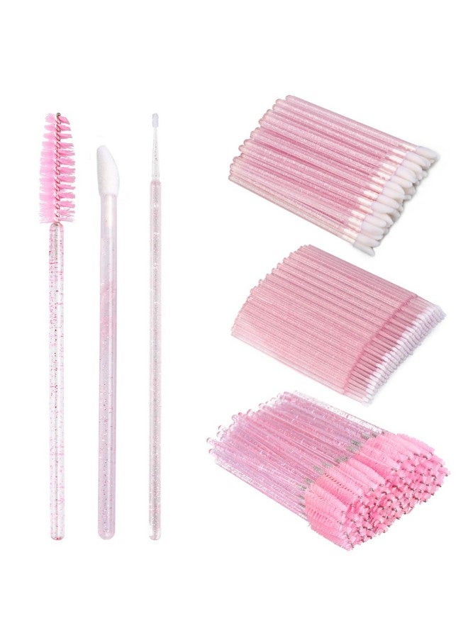 300Pcs Crystal Eyelash Extension Supplies Kit 100Pcs Disposable Lip Wands 100Pcs Mascara Brush Applicators 100Pcs Glitter Micro Swabs For Eyebrow Eyelash Extension And Makeup Kits (Pink)