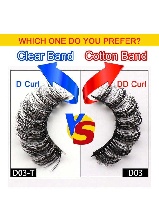Clear Band Lashes 10 Pairs Pack D Curl Russian Strip Lashesnatural Look Transparent Soft Band Faux Mink Eyelashes For Eye Makeup (D03T)