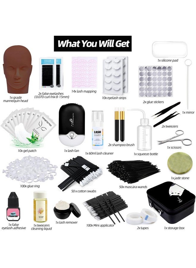 Lash Extension Kit Professional Eyelash Grafting Training Tools Mannequin Head Usb Fan Lash Shampoo 0.07D Curl Mix 815Mm Glue Practice Eyelash Strips Lash Mappingexercise Set For Beginner