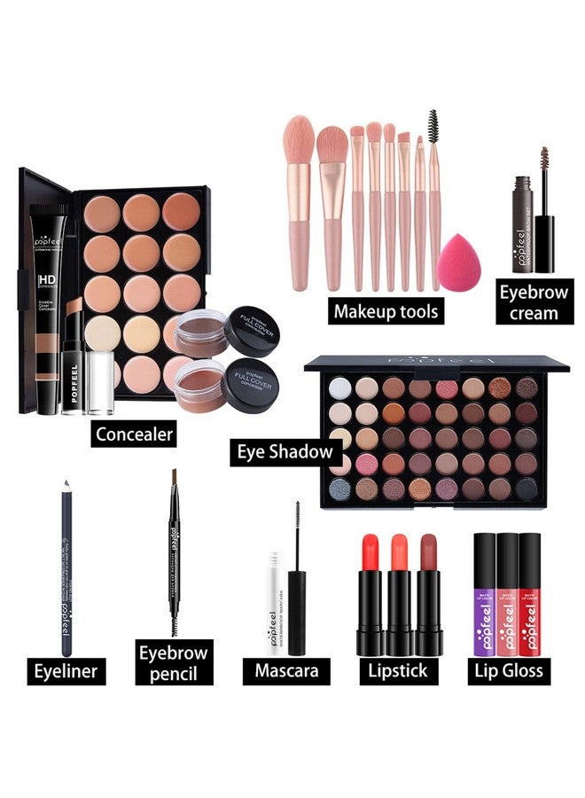 Makeup Kit For Women Full Kit Naked Shimmer Eyeshadow Palette Waterproof Black Eyeliner & Mascara Makeup Tools Set Lipstick Premium Synthetic Foundation Powder For Medium To Dark Skin