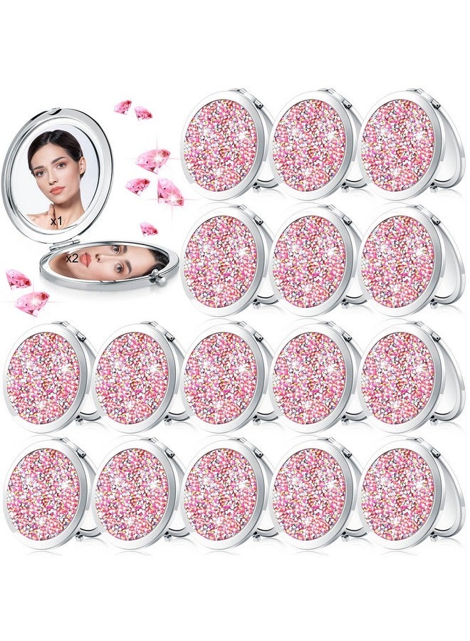 16 Pcs Compact Mirror For Purses Small Cosmetic Folding Pocket Compact Mirror Bulk 2.75 Inch Round Diamond Bling 1X/ 2X Magnifying Makeup Mirror For Women Girls Wedding Gift Pink Silver(Pink Silver)