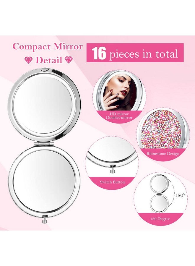 16 Pcs Compact Mirror For Purses Small Cosmetic Folding Pocket Compact Mirror Bulk 2.75 Inch Round Diamond Bling 1X/ 2X Magnifying Makeup Mirror For Women Girls Wedding Gift Pink Silver(Pink Silver)