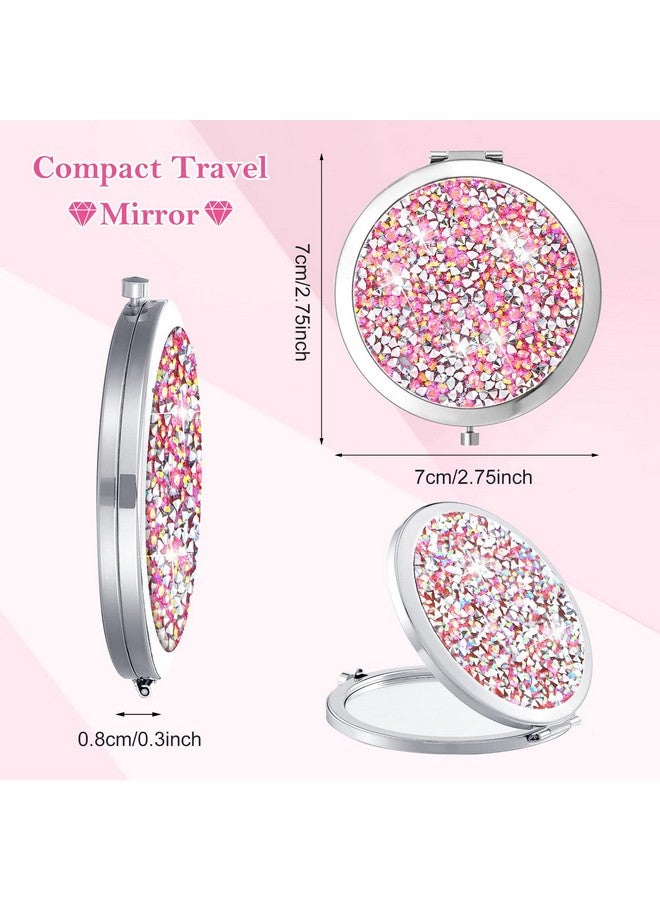 16 Pcs Compact Mirror For Purses Small Cosmetic Folding Pocket Compact Mirror Bulk 2.75 Inch Round Diamond Bling 1X/ 2X Magnifying Makeup Mirror For Women Girls Wedding Gift Pink Silver(Pink Silver)