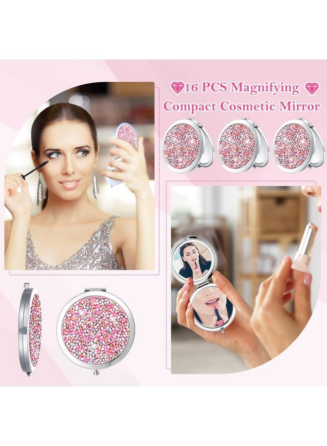 16 Pcs Compact Mirror For Purses Small Cosmetic Folding Pocket Compact Mirror Bulk 2.75 Inch Round Diamond Bling 1X/ 2X Magnifying Makeup Mirror For Women Girls Wedding Gift Pink Silver(Pink Silver)