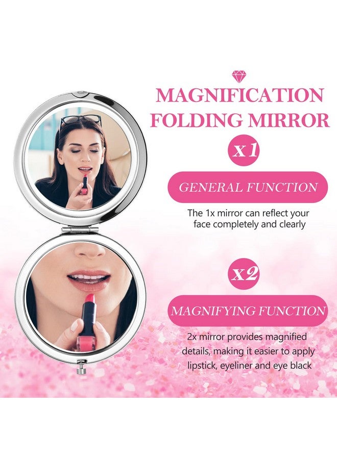 16 Pcs Compact Mirror For Purses Small Cosmetic Folding Pocket Compact Mirror Bulk 2.75 Inch Round Diamond Bling 1X/ 2X Magnifying Makeup Mirror For Women Girls Wedding Gift Pink Silver(Pink Silver)