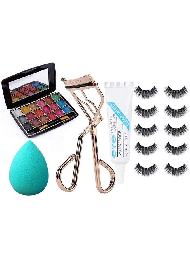 False Eyelashes 5 Pcs 1 Pcs Eyelash Curler 1 Puff White Mini Eyshadow Pallete 1 Eyelash Glue (Pack Of 5)