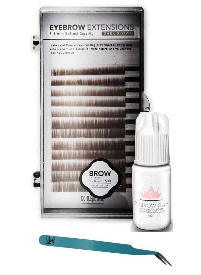 Eyebrow Extensions Kit With 1 X Trays Of Mink Eyebrows In Dark Brown Comes On Mixed Length Trays 58 Mm Mix Eyebrow Extension Glue Clear & Extension Tweezers By Kc Republic (Dark Brown Blue Tweezer)