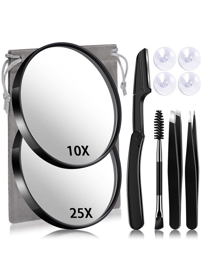 Magnifying Mirror Set 3.5 Inch 10X & 25X Magnified Makeup Mirrors With Suction Cups Tweezers And Eyebrow Razor Daily Beauty Tools Compact Travel Set