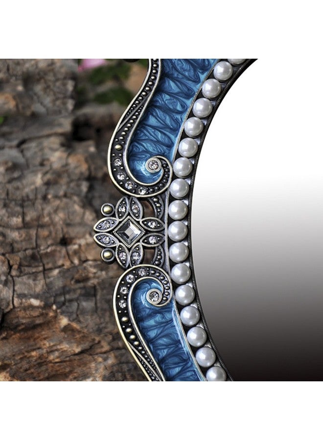 Makeup Mirror Rotation Tabletop Vanity Mirror Cosmetic Desktop Mirror With Stand Pearl Floral Frame Metal Vintage Oval Mirrors Desk Countertop Dressing For Home Bedroom Decorative Blues