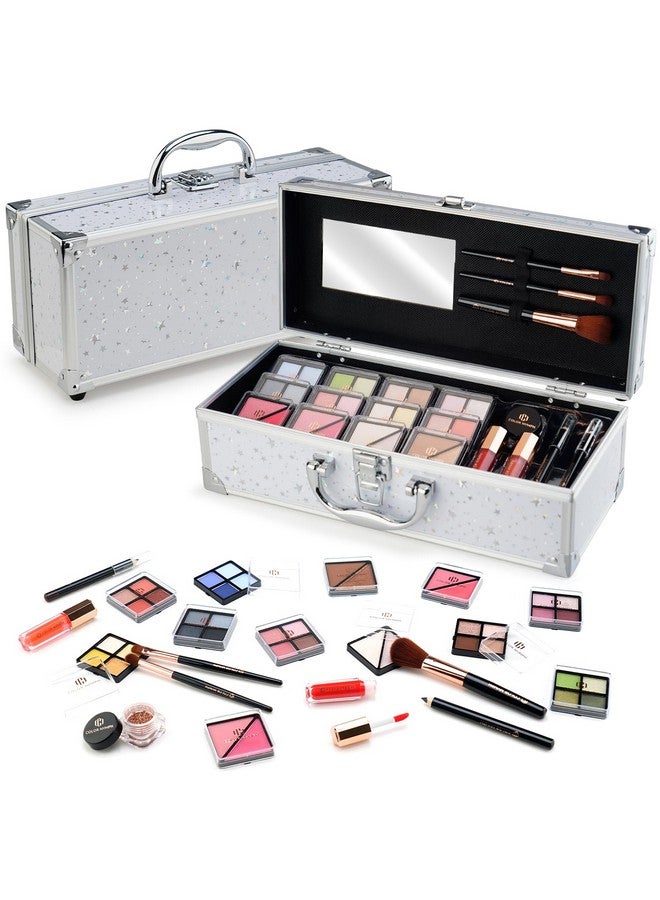 Beginners Makeup Kit With Train Case For Teenagers Makeup Gift Sets For Girl Included 32 Colors Eyeshadow Glitter Cream Blush Highlighter Lip Gloss And Brush (White)