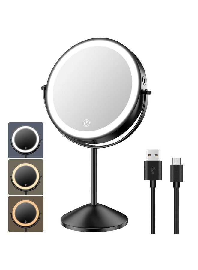 8 Lighted Makeup Vanity Mirror With 3 Color Dimmable Lights 1X/10X Magnifying Rechargeable Double Sided Cosmetic Mirror 360° Swivel Light Up Cordless Standing Mirror Black