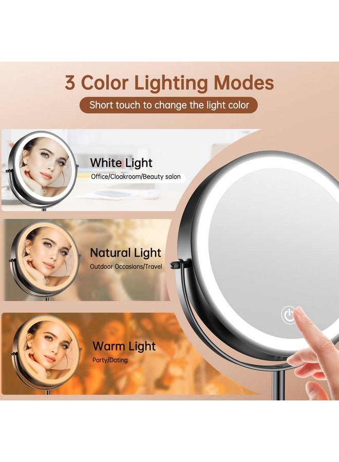 8 Lighted Makeup Vanity Mirror With 3 Color Dimmable Lights 1X/10X Magnifying Rechargeable Double Sided Cosmetic Mirror 360° Swivel Light Up Cordless Standing Mirror Black