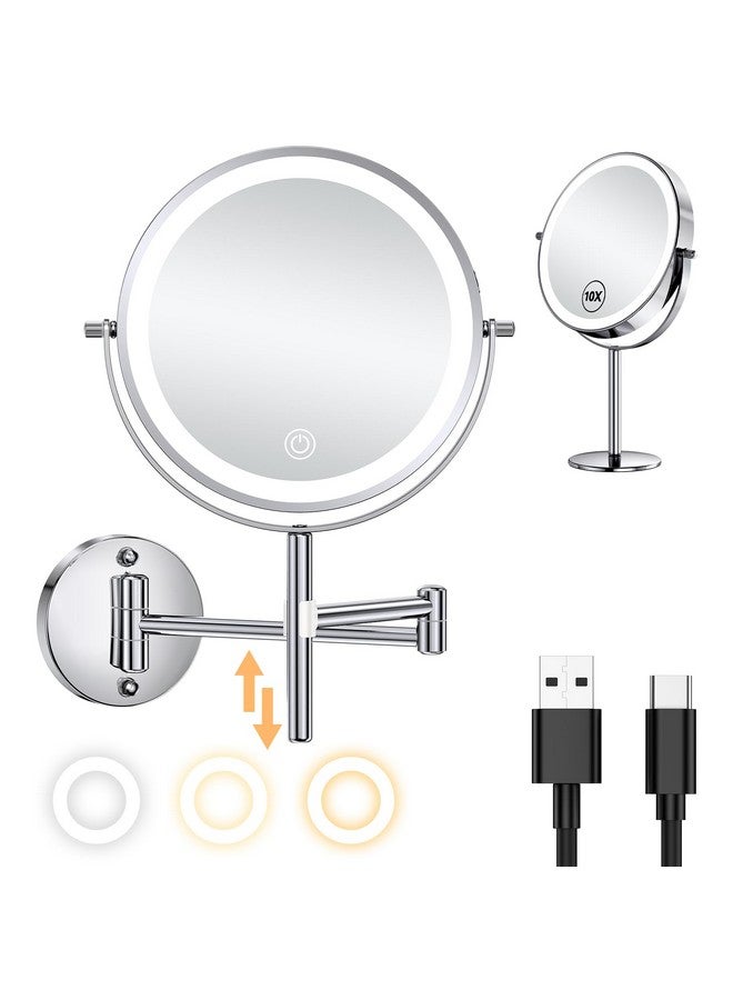 Wall Mounted & Tabletop Lighted Makeup Mirror With 10X Magnification Height Adjustable & 3 Color Dimmable Lights Rechargeable 8 Vanity Mirror 360° Rotation 10X Magnifying Bathroom Mirror