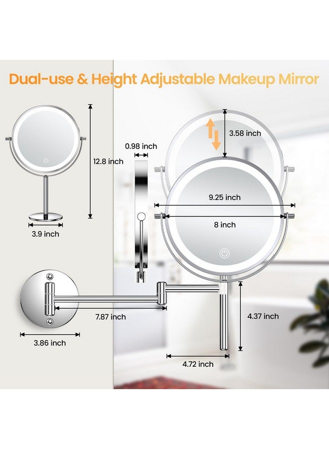 Wall Mounted & Tabletop Lighted Makeup Mirror With 10X Magnification Height Adjustable & 3 Color Dimmable Lights Rechargeable 8 Vanity Mirror 360° Rotation 10X Magnifying Bathroom Mirror