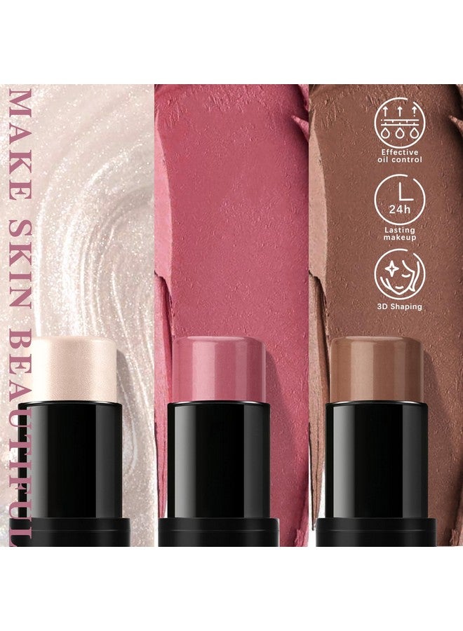 3 Pcs Cream Blush Contour Highlighter Stick For Cheeks Eyes Lips Lightweight Dewy Finish Blush Stick Waterproof Long Lasting Contour Stick Trio Wand Face Makeup Set For Girls And Women (2+5+6)
