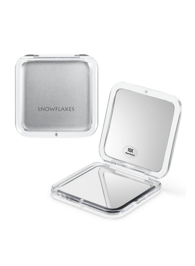 Compact Travel Magnifying Mirror Snowflakes Small Pocket Mirror 1X/15X Magnification Cosmetic Mirrors Handheld Portable For Travel And Purses (Silver)